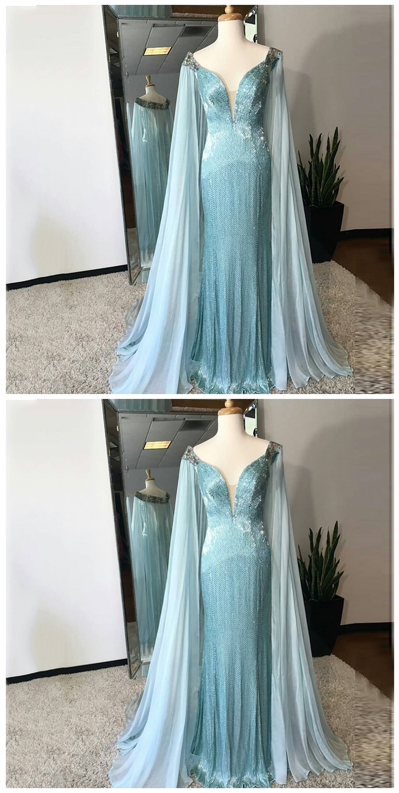 Deep V-neck Sheath Floor-length Sequined Blue Prom Dress With Cloak