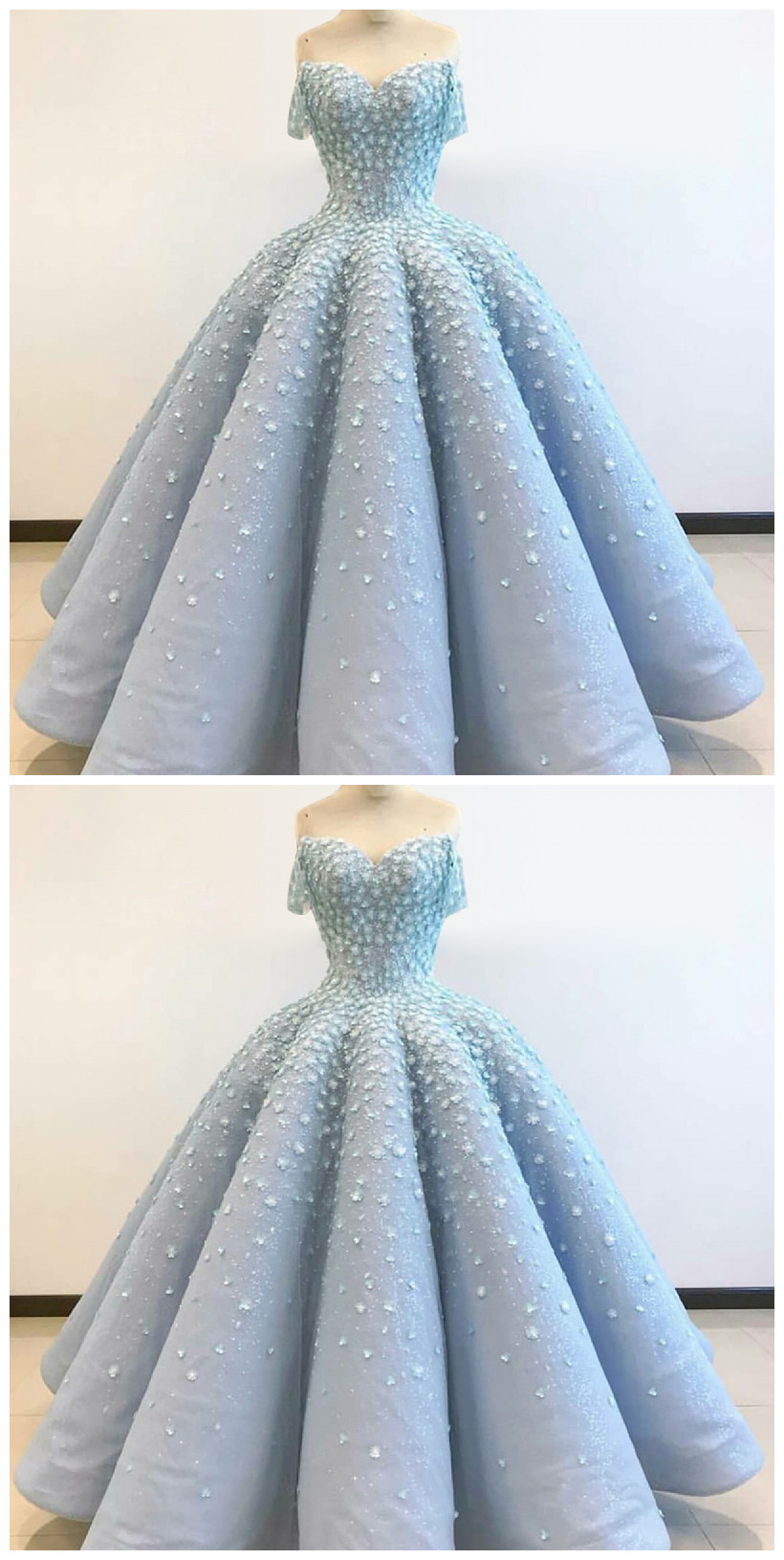 Off The Shoulder Ball Gown Light Blue Prom Dress With Flowers