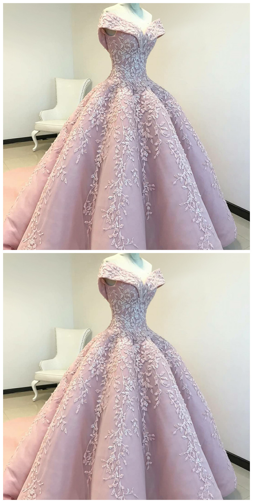 Off The Shoulder Ball Gown Pink Long Prom Dress With Appliques