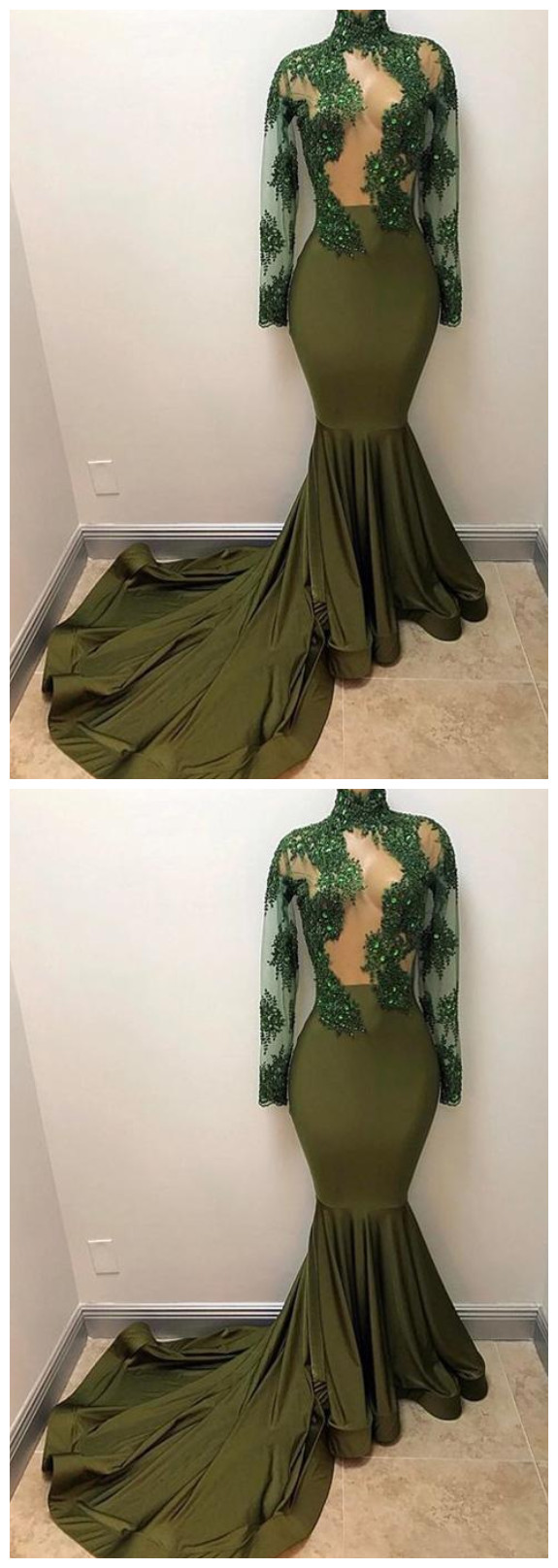Sexy Seen Through Mermaid Long Sleeves High Neck Affordable Long Prom Dress