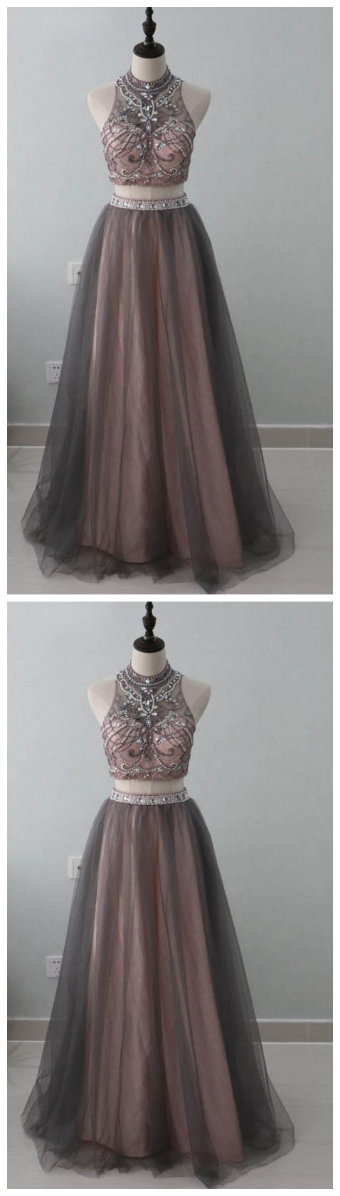 2 Pieces Popular Charming Beaded Tulle Inexpensive Long Prom Dresses