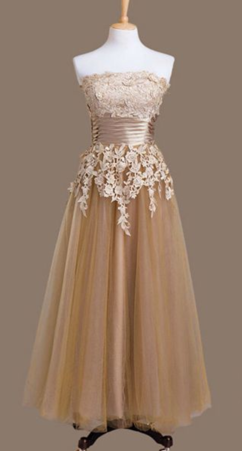 Champagne Prom Dress,a-line Lace Appliques Prom Dresses,strapless Tulle , Evening Dress