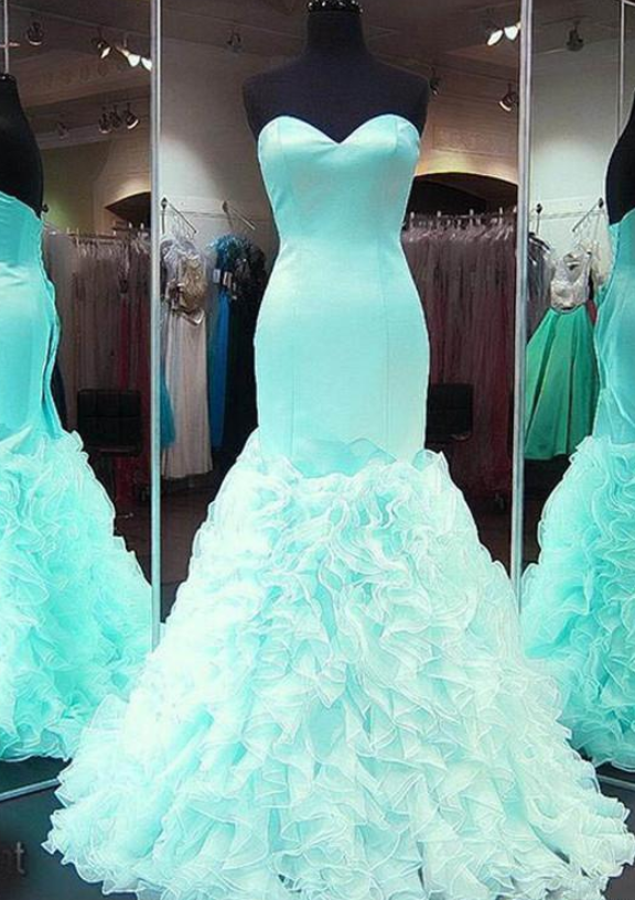 Sweetheart Satin Ruffles Organza Formal Prom Gowns Seniors Evening Dresses Custom Made Mint Mermaid Prom Dresses