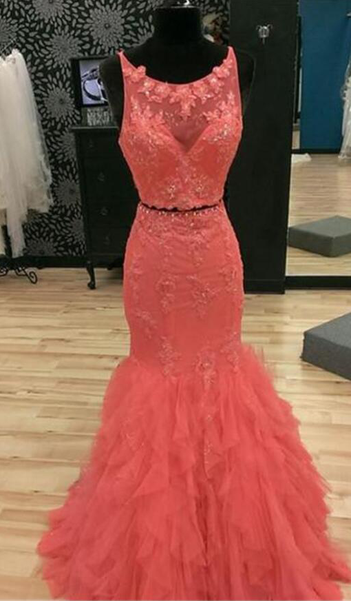 2 Pieces Red Long Mermaid Open Back Beading Lace Prom Dresses