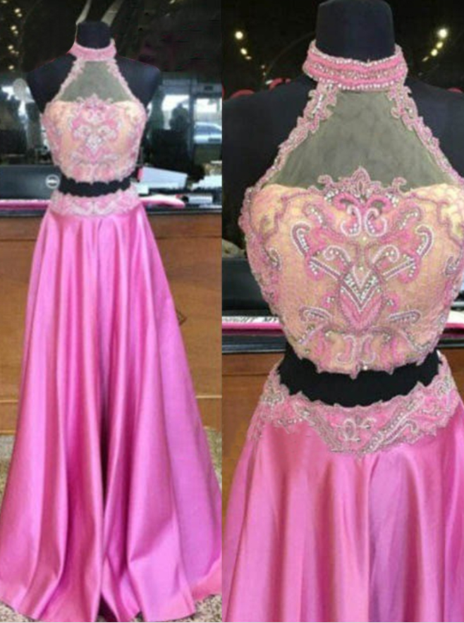 A-line Lace Halter Backless Sweep Train Rose Pink Beading Prom Dress,fashion Prom Dress,sexy Party Dress,custom Made Evening Dress