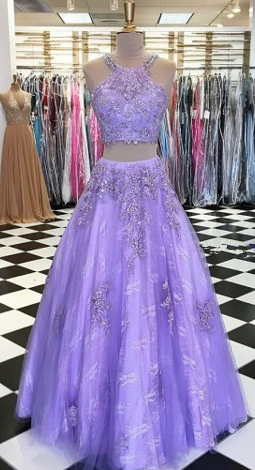 Charming Lavender Two Pieces Prom Dresses Halter Beaded Appliques Formal Evening Party Gowns Real Images Customized