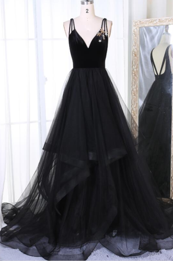 Simple Black Tulle V Neck Long Prom Dress, Black Evening Dress