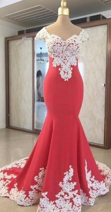 Water Melon Color Prom Dresses White Lace Appliques Cap Sleeves Mermaid Evening Gowns Sweep Train Arabic Formal Party Dress