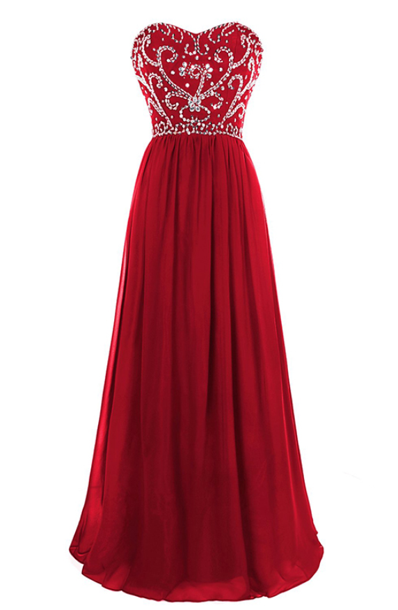 Red Long Chiffon A-line Formal Dress Featuring Beaded Bodice And Lace-up Back,long Elegant Prom Dresses