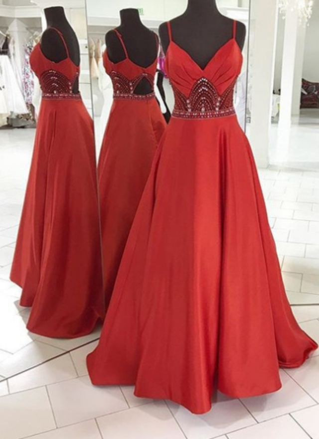Red Prom Dresses Spaghetti Straps Crystal A-line Satin
