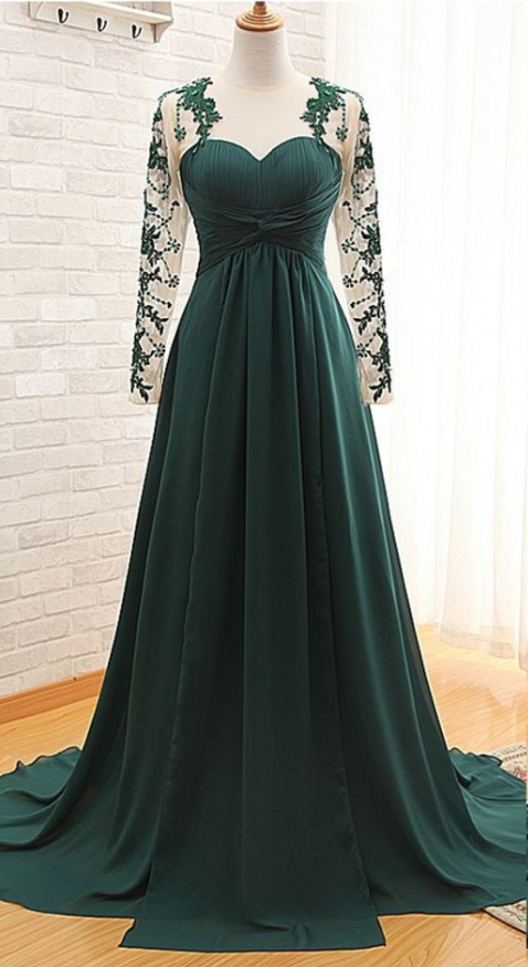 Dark Green Sexy Illusion Long Sleeves Mother Of The Bride Groom Dresses Long Chiffon Evening Dress Formal Gowns Custom