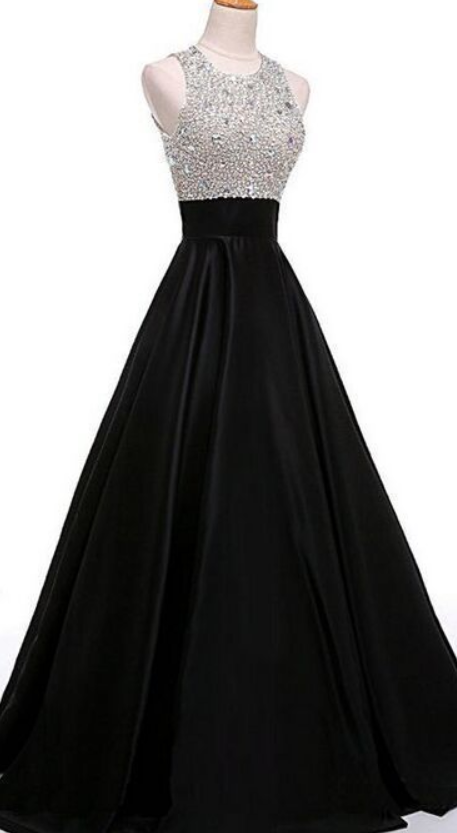 O-neckline Black Beading A-line Prom Dresses, Prom Dress,prom Dresses For Teens,satin Evening Dresses