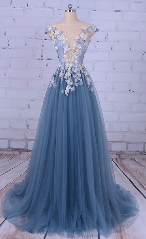 Blue A Line Appliques Tulle Long Prom Dress with Accessory