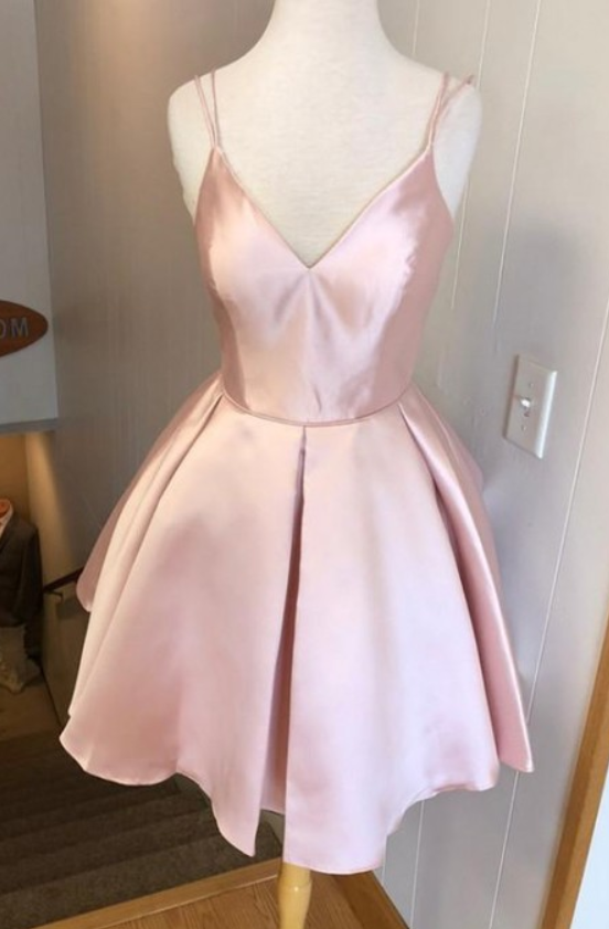 Selling Spaghetti Straps V-neck Simple Pink Homecoming Dresses