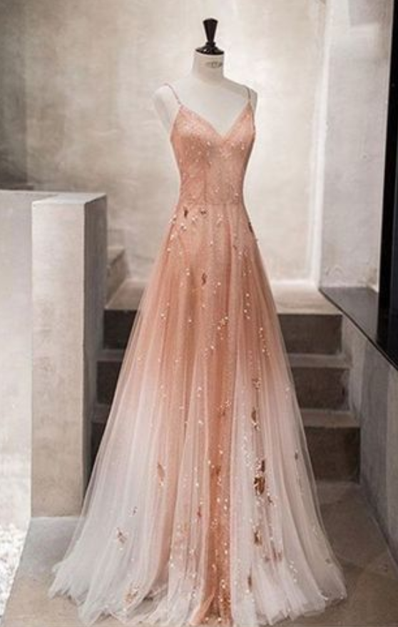 Unique Champagne Tulle Long Prom Dress, Tulle Evening Dress