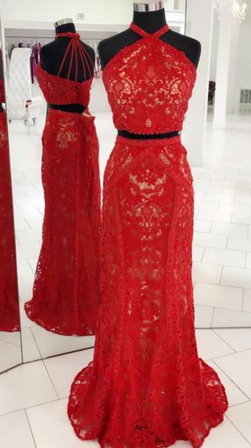 Back Two Piece Halter Sparkle Lace-Up Red Long Prom Dress main image 1