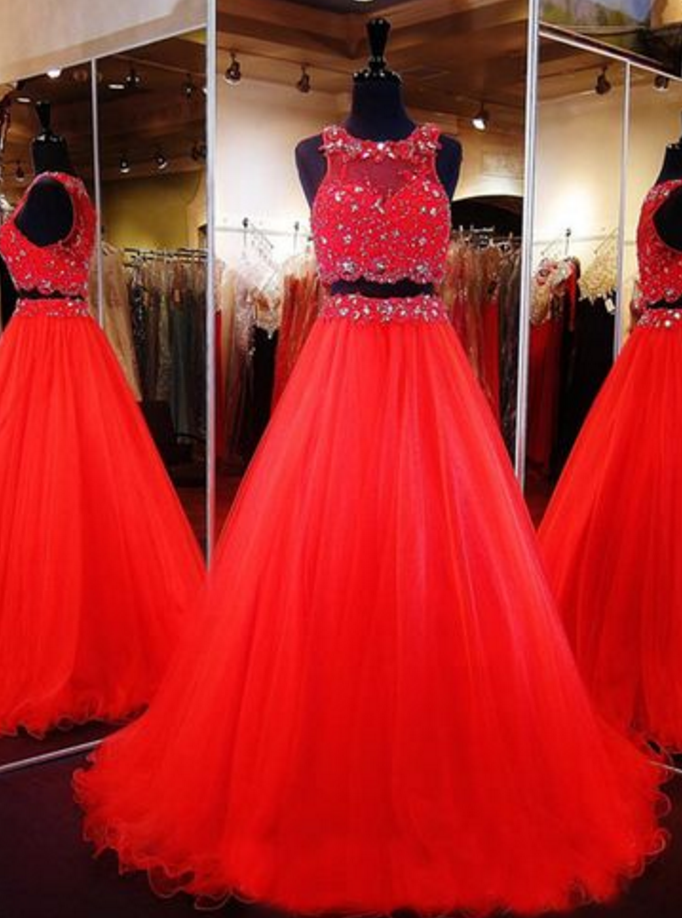 Custom Madetwo Pieces Prom Dress,red Beading Evening Dress,sexy Sleeveless Party Gown, High Quality