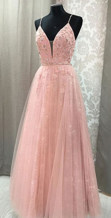 A-line Ball Gowns V Neck Evening Dress, Spaghetti Party Dress ,straps Open Back Formal Dress, Blush Lace Long Prom Dresses