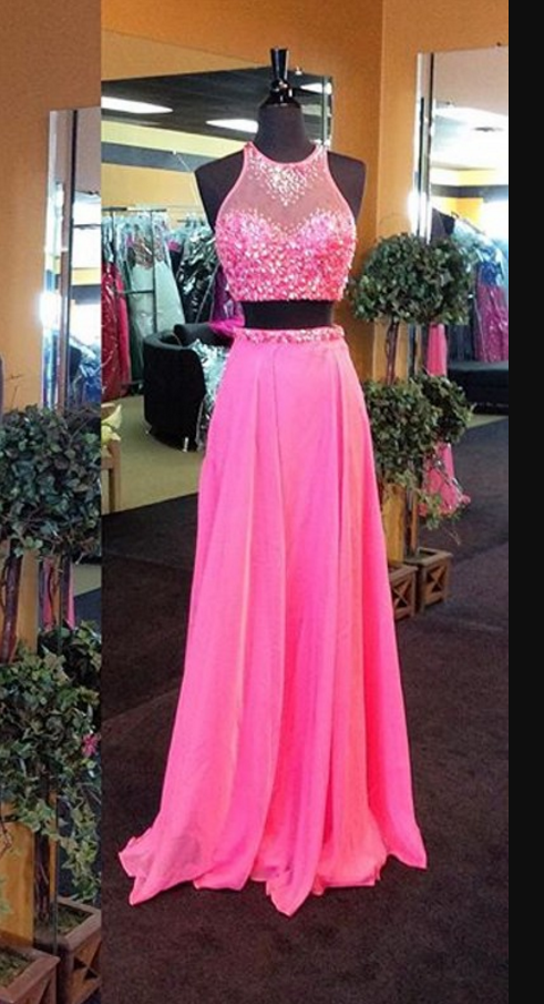 Two Pieces Prom Dress,two Piece Evening Dress,2017 Prom Gown,2 Pieces Party Dress,long Prom Dress,pink Evening Gowns