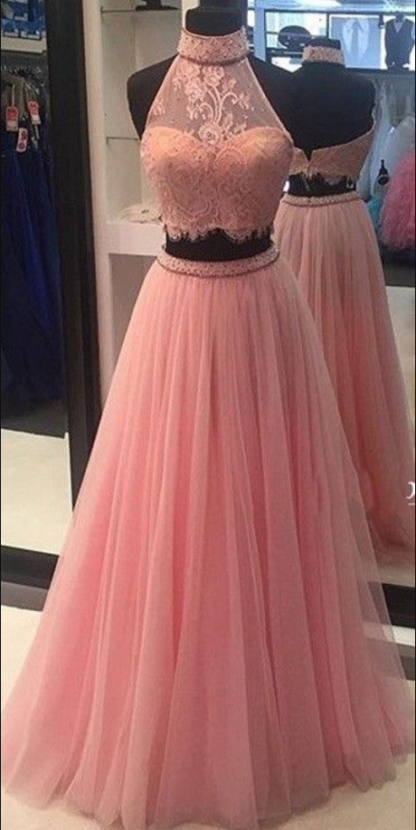 Sexy Long 2 Pieces Prom Dresses,evening Party Dress,pink Prom Gowns,lace Evening Gowns