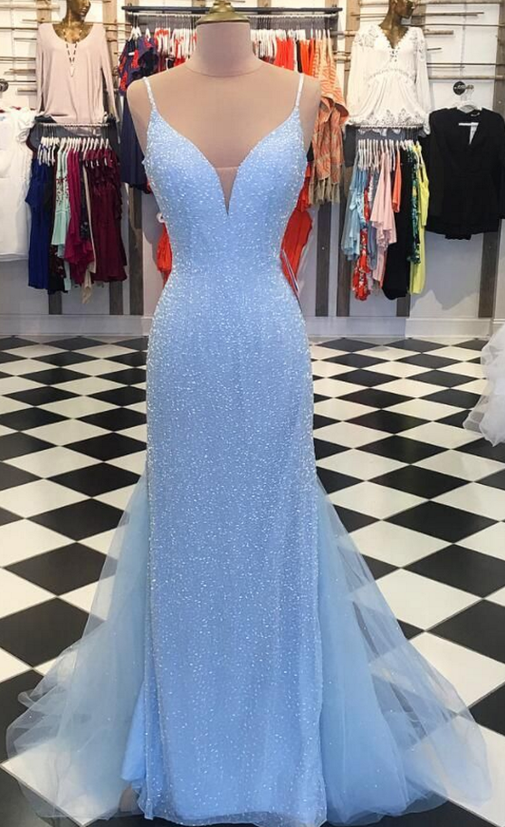 Sparkly Sequins Blue Mermaid Long Prom Dress