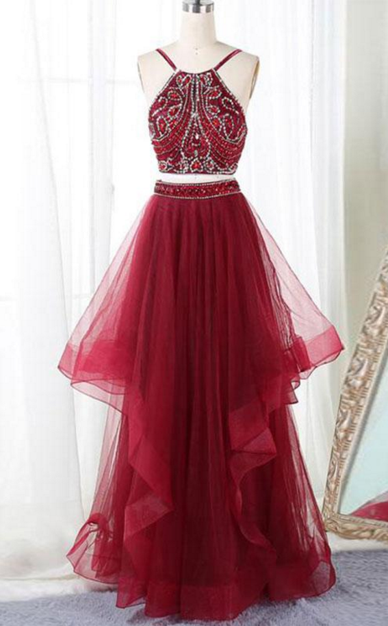 Burgundy Two-piece Tulle Beaded Prom Dress,backless Evening Dress