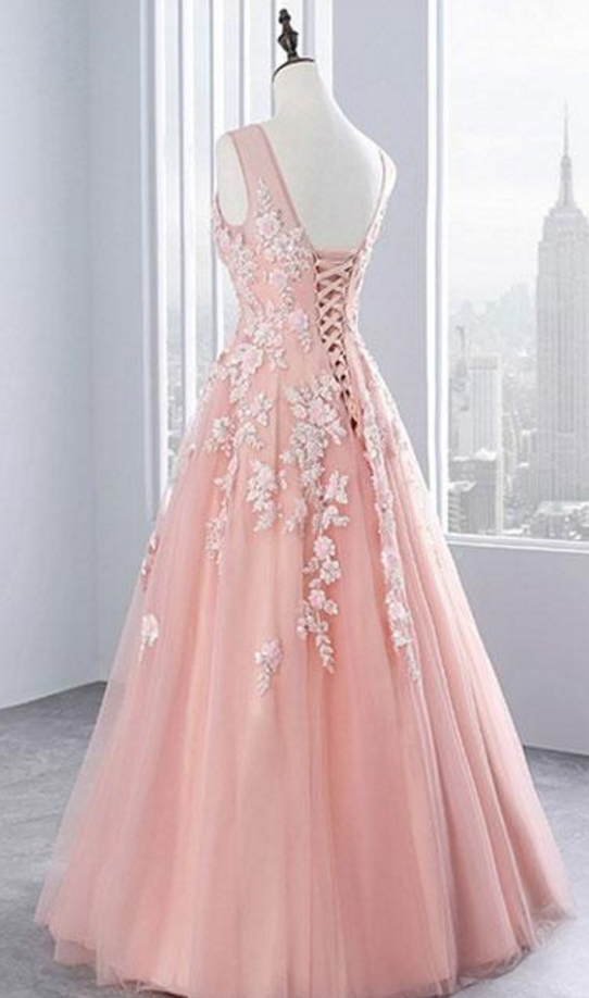 Pink V Neck Tulle Lace Long Prom Dress, Pink Evening Dress on Luulla