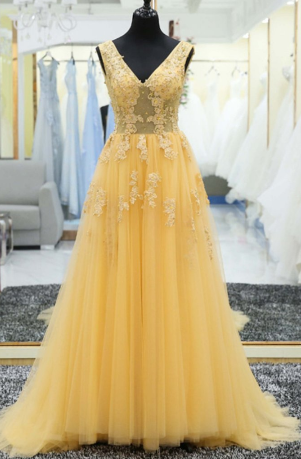 Beautiful Prom Dresses, Yellow Prom Dress , Lace Appliques Prom Dress , Elegant Prom Dress , Long Prom Dress , Soft Tulle Prom Dress , Custom