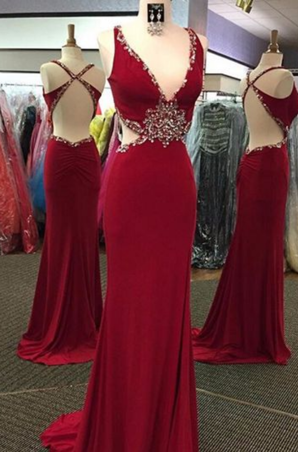 Wine Red Prom Dress With Strappy Back