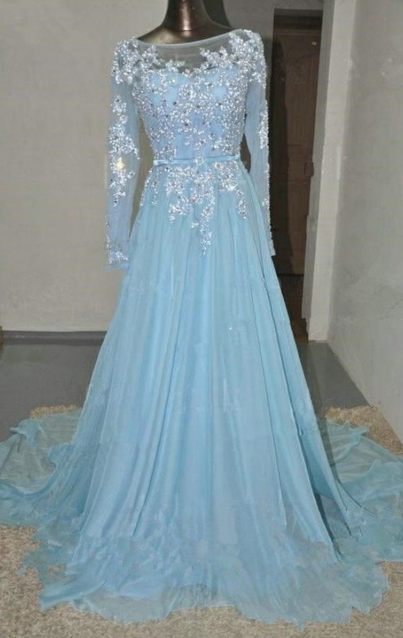 Pretty Light Blue Chiffon Long Prom Dress With Applique And Beadings, Prom Dresses,formal Dresses, Evening Dresses
