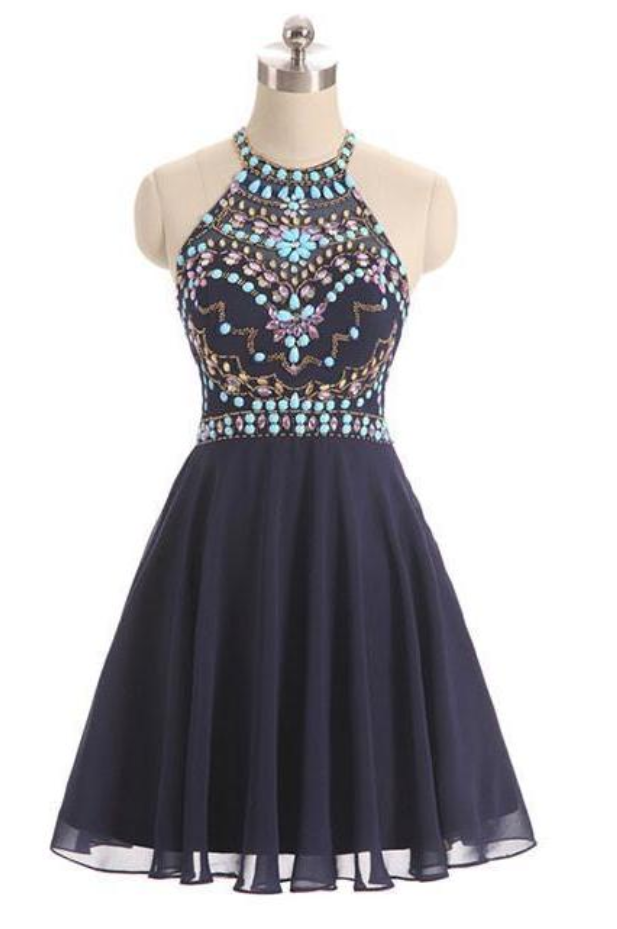Dark Blue Beads Short Prom Dress, Cute Dark Blue Homecoming Dress