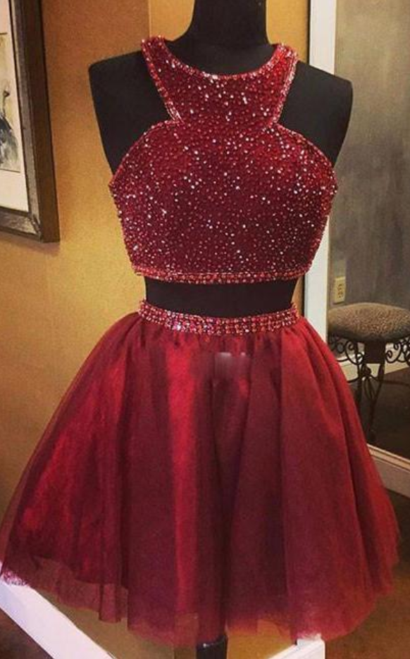 Burgundy Two Pieces Sequin Short Prom Dress, Burgundy Homecoming Dress