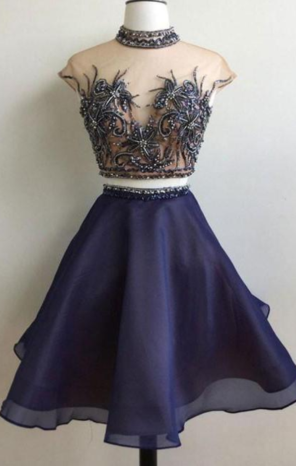 Two Piece High Neck Organza Short Prom Party Dress