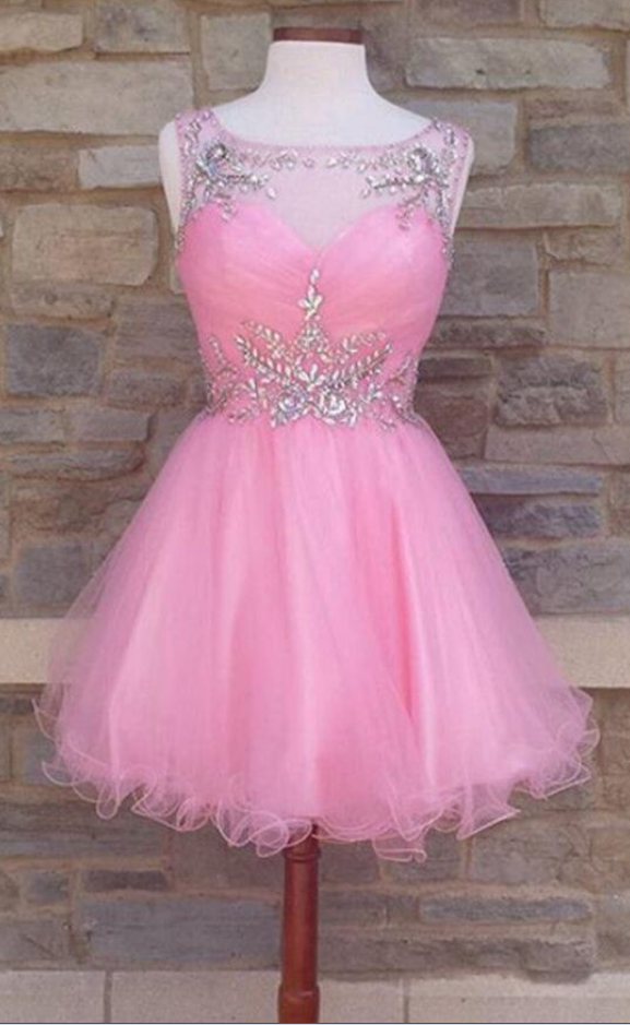 Sexy Off Shoulder Pink Tulle Short Homecoming Dress With Beaded, Short Cocktail Dress, Junior Party Gowns
