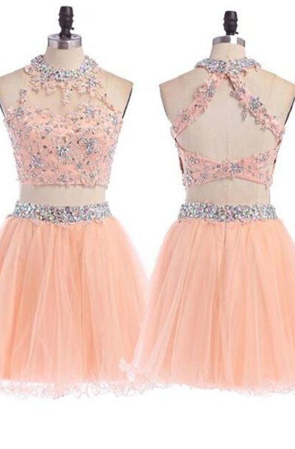 Sweet A-line Knee Length Halter Tulle Backless Pink Prom Homecoming Dress With Appliques Crystal,fashion Homecoming Dress