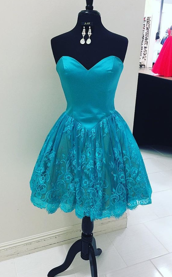 Lovely Satin And Lace Homecoming Dresses,blue Graduation Dresses,short Lace Prom Dresses,cocktail Dresses