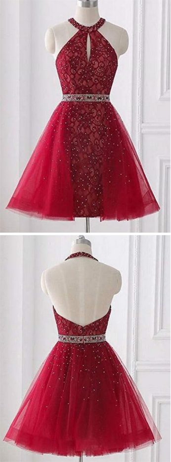 Red Halter Sleeveless Backless Homecoming Dress,lace A Line Homecoming Dresses