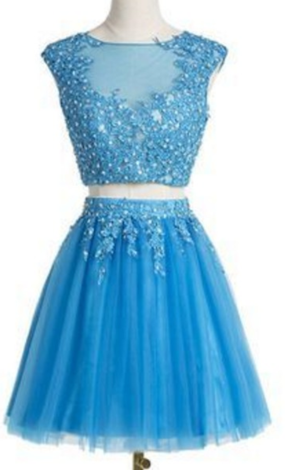 Blue Jewel Short Tulle Homecoming Dress with Appliques LBQH0015