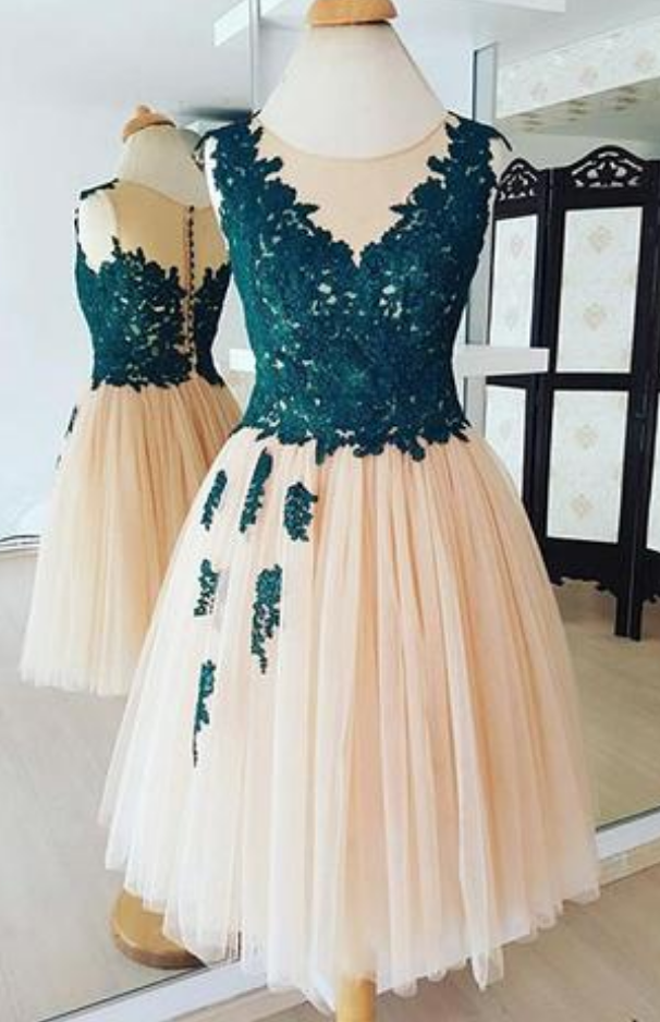 Champagne Lace Tulle Cute Homecoming Dress main image 1