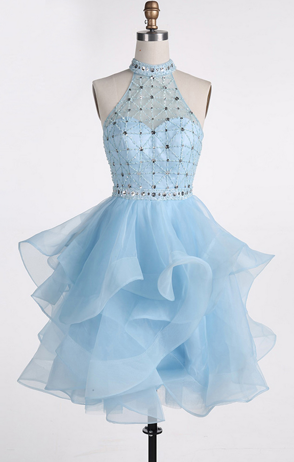 Short Blue Homecoming Dress High Neck Mini Beaded Ruffled Skirt Graduation Dress Crystal Belt Cocktail Gown