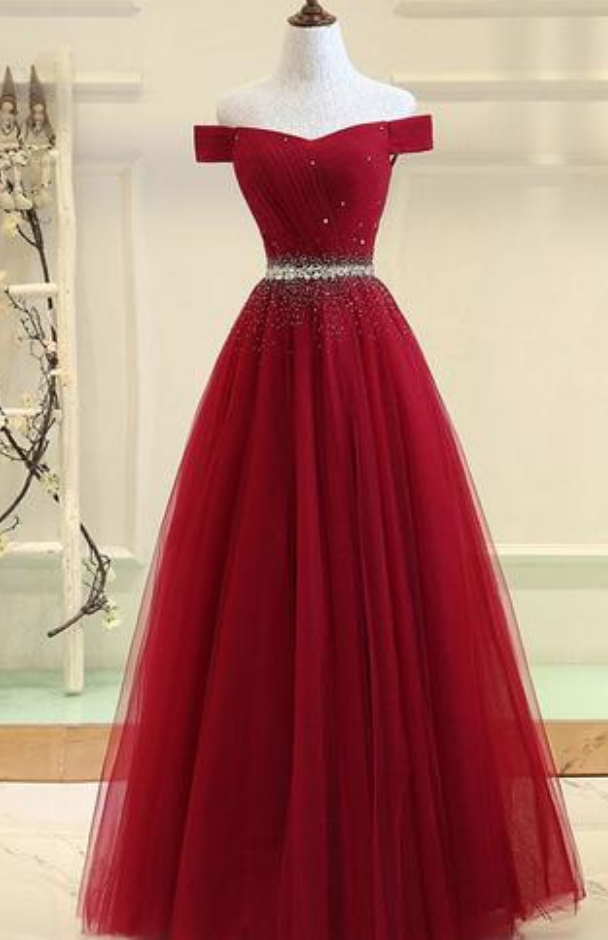 Fashion Off The Shoulder Tulle Homecoming Dress, Floor Length Long Prom Dress, Red Evening Dress