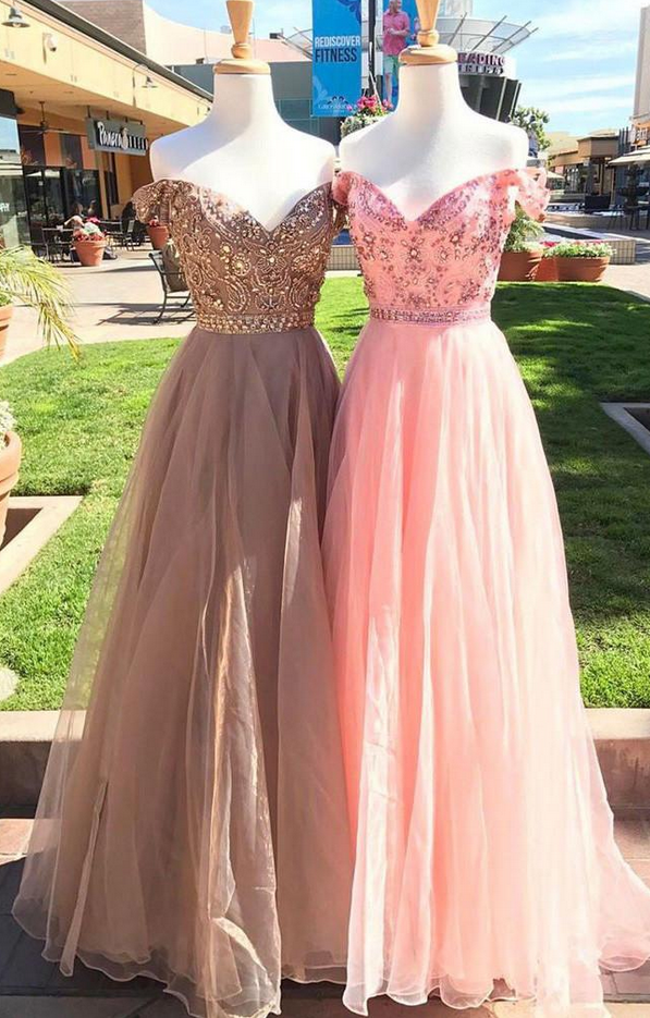 Shiny A-line Off-shoulder Pink Gray Tulle Long Prom Evening Dress With Beading