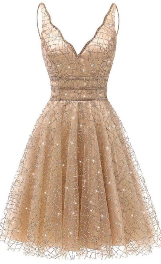 A Line V Neck Knee Length Gold Sequins Dress With Beading on