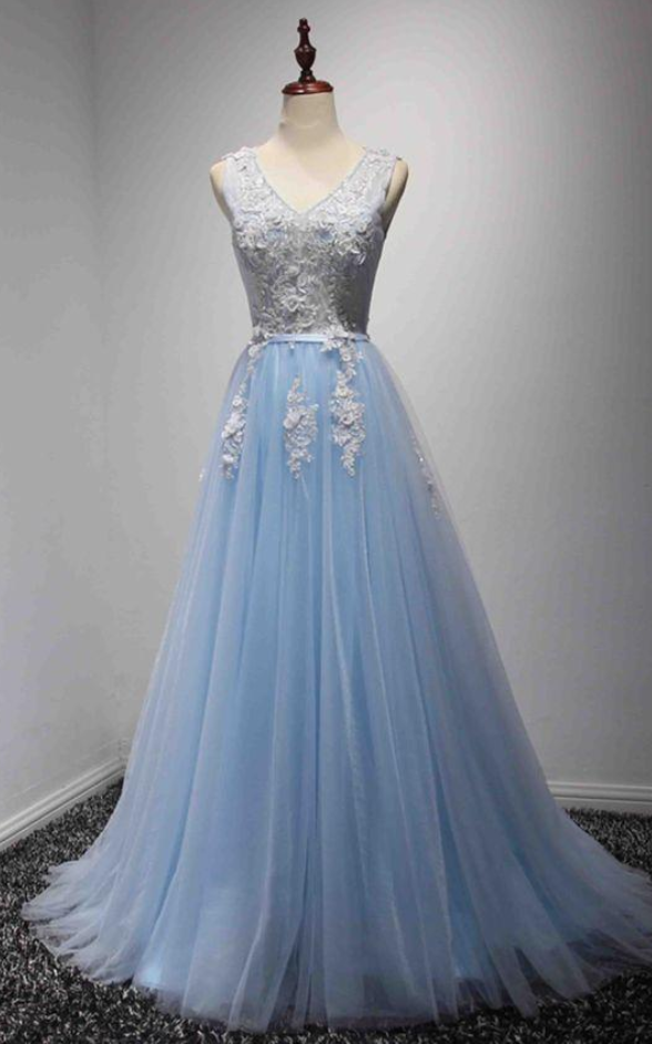 Light Blue V-neckline Tulle And Lace Long Formal Gown, Handmade Party Dresses