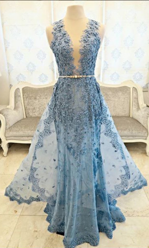 Lace V-neck A-line Long Prom Dresses