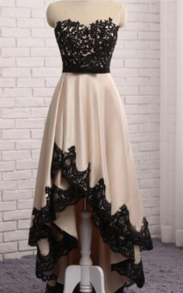 High Low Beige Satin Prom Dress Black Lace Appliques Strapless Party Dress