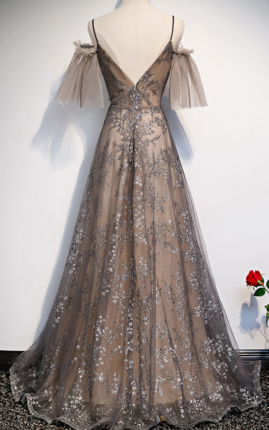 Unique Long Tulle Spaghetti Straps Prom Dress Evening Dress with Lace Applique, OL594