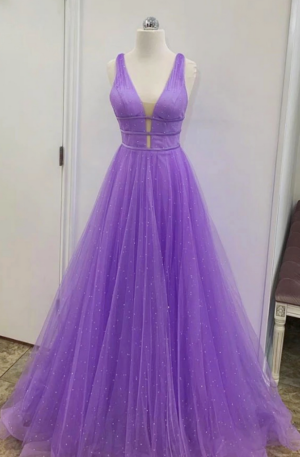 Unique Light Purple V Neck Long A Line Prom Dress, Evening Dress