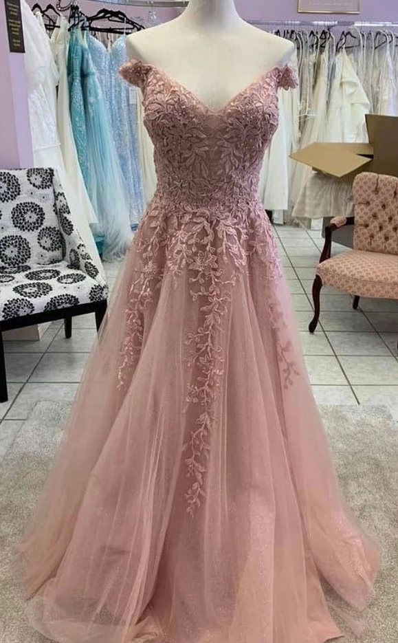 Unique Pink Tulle Off Shoulder Sweetheart Long Formal Prom Dress With Sleeve