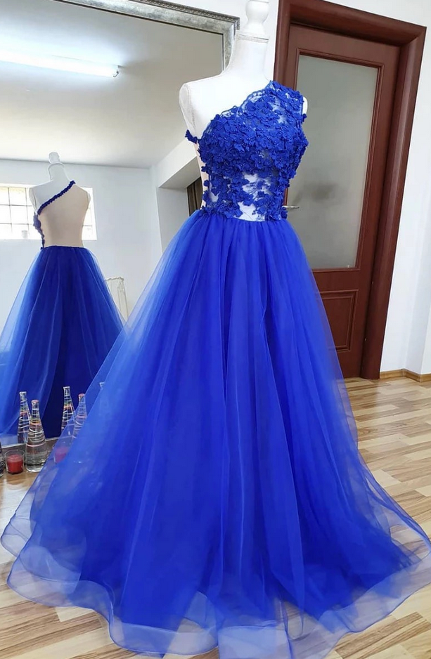 Royal Blue Tulle Lace One Shoulder Long Prom Dress, Evening Dress